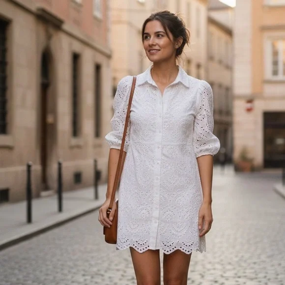 White Œillets Sz M Cottagecore Puff Sleeves Button Front Mini Dress - Picture 1 of 11